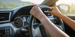 Close-up of a person’s hands gripping a car steering wheel, with dashboard details in the background