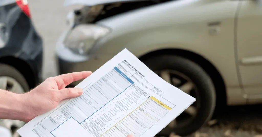 Person holds an accident statement form in front of two damaged cars after a collision