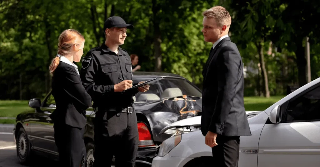 Police officer takes notes while speaking with two formally dressed individuals at the scene of a car accident involving a damaged black and white car