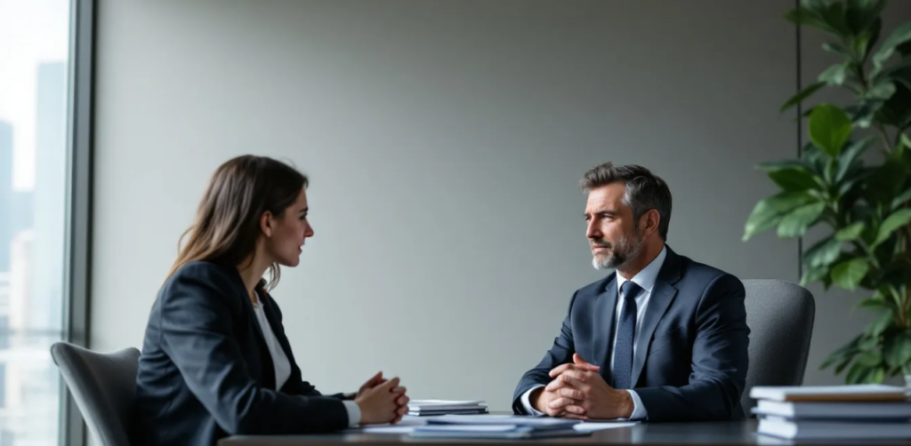 Two professionals in suits sitting at a desk across from each other, engaged in a serious conversation in an office