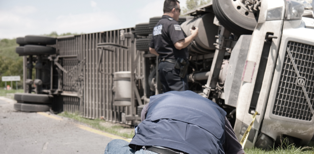 Large truck overturned on the highway as emergency responders inspect the scene, with one officer taking notes and another crouching