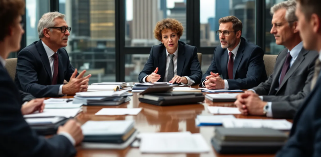 Business team in suits discusses documents in a boardroom, possibly reviewing an insurance claim case
