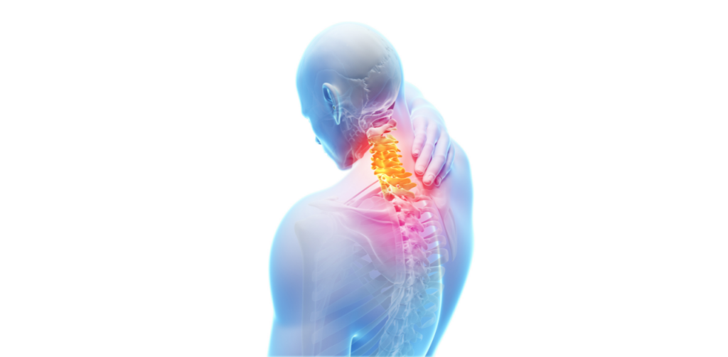 Medical illustration of a person clutching their neck, highlighting cervical spine pain in red and yellow tones