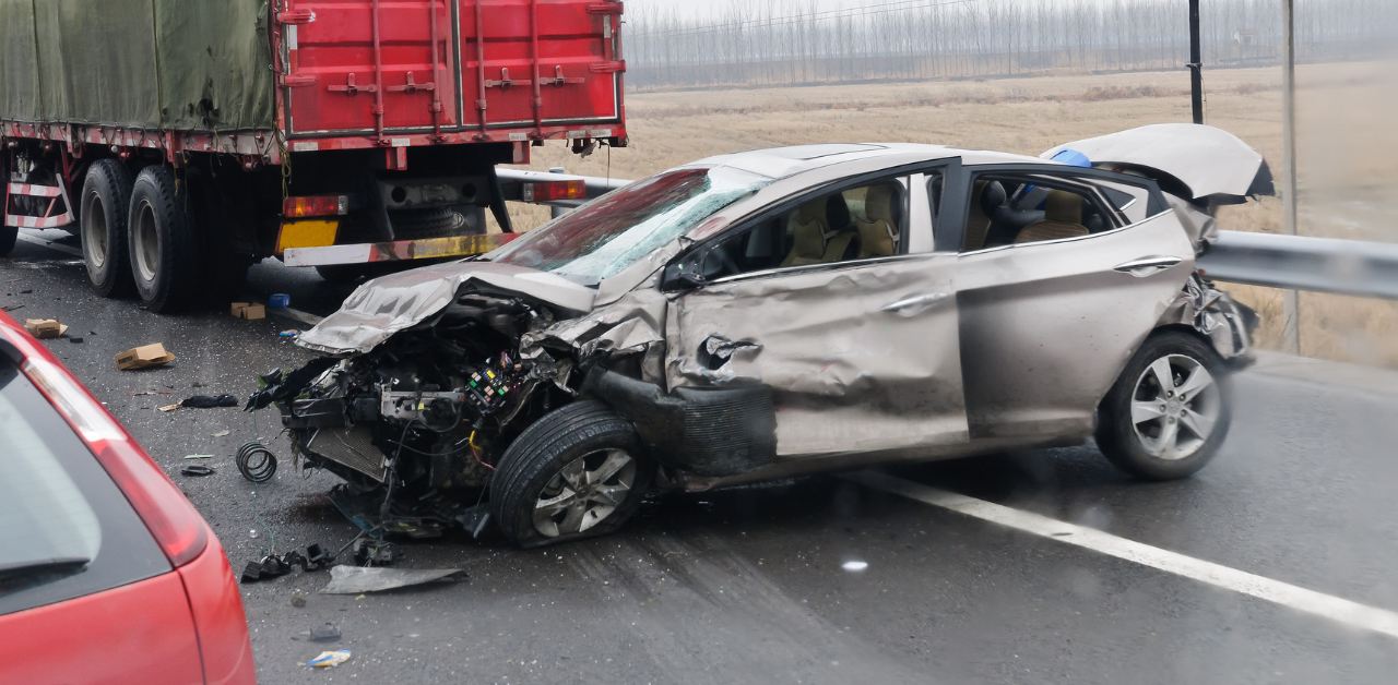 Severely damaged car on the road after a crash with a truck, debris scattered at the accident scene