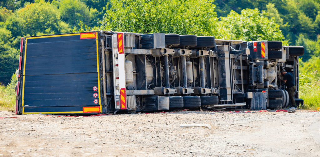 Overturned semi-truck lying on its side on a dirt road with a person inspecting it near a forested area