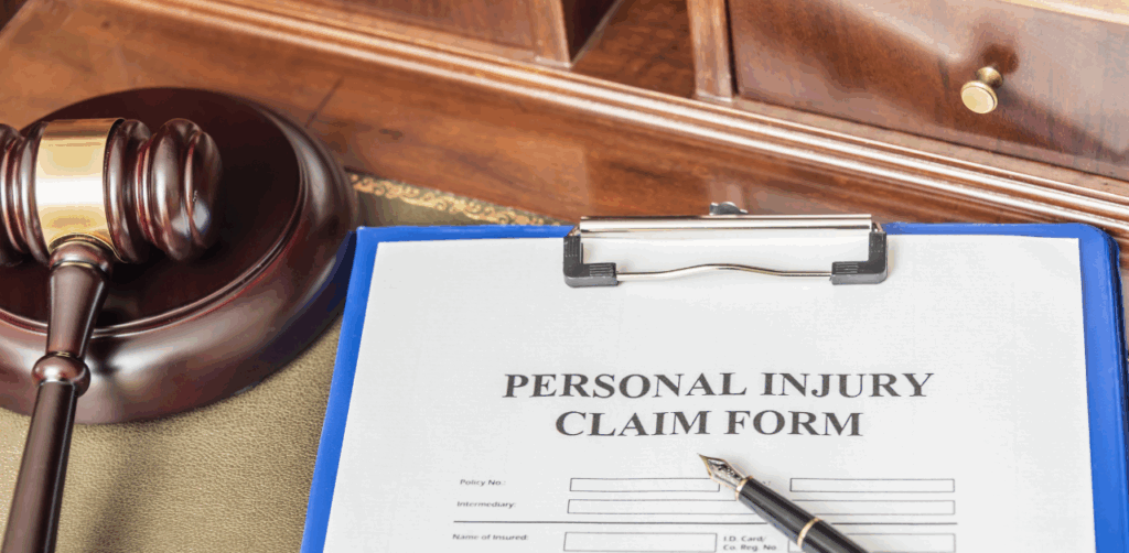 Personal injury claim form on a clipboard beside a wooden judge’s gavel and pen