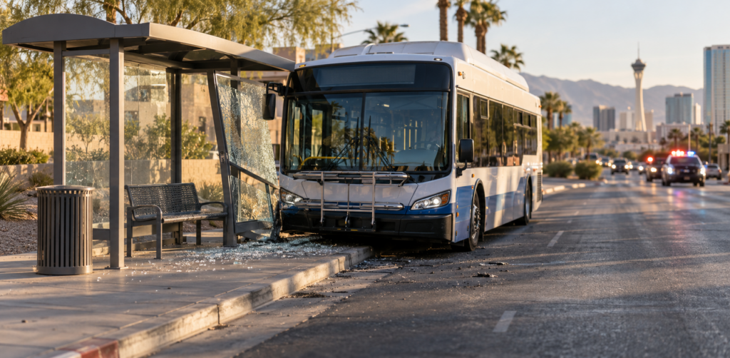 A city bus has crashed into a glass bus shelter, leaving shattered glass and debris along the curb as police approach in the distance