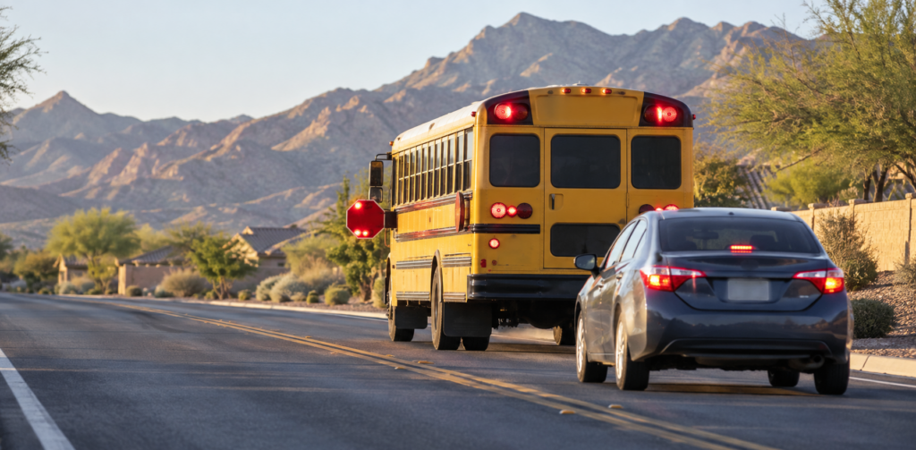 A yellow school bus stops on a residential road with red lights flashing and its stop sign extended as a car waits behind it