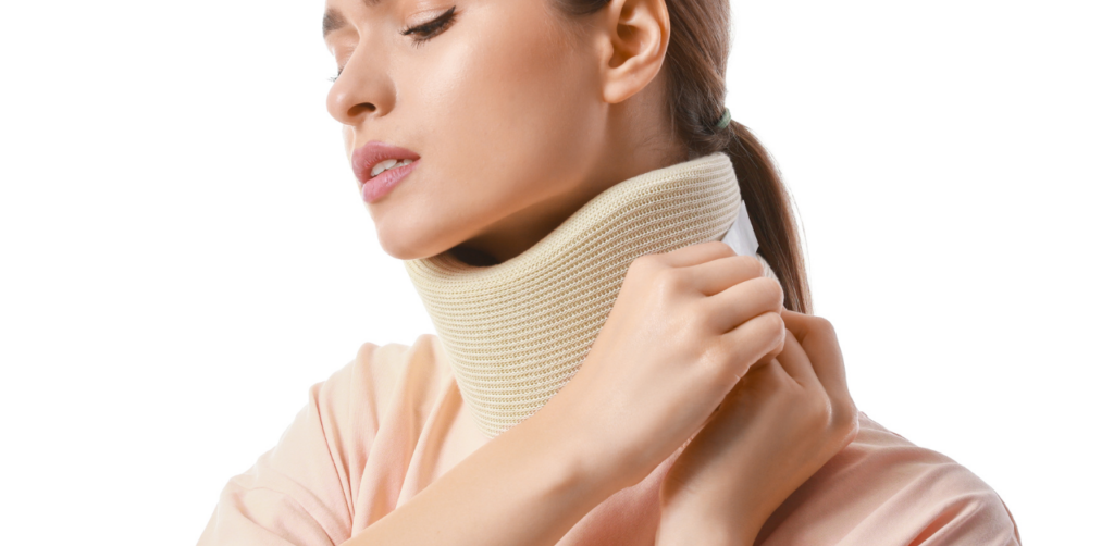Woman wearing a neck brace adjusting it gently, representing injury recovery, medical support, and personal healthcare