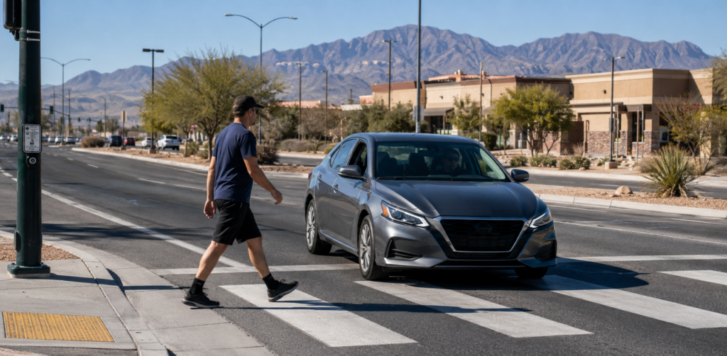 Pedestrian crosses a marked crosswalk in front of an approaching car on a sunny urban street