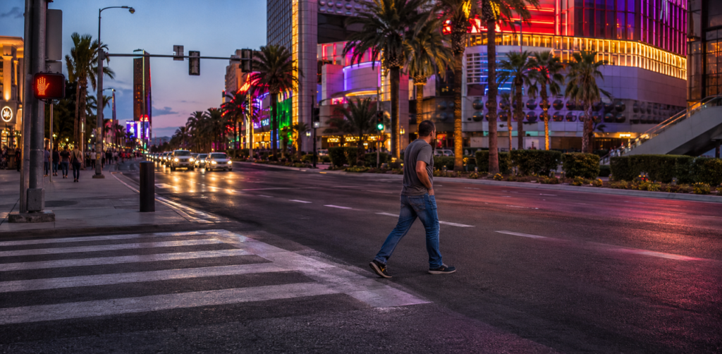Pedestrian crosses a wide city street at dusk while traffic approaches and colorful buildings glow nearby