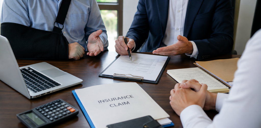 Person wearing an arm sling discusses an insurance claim with professionals seated around an office table