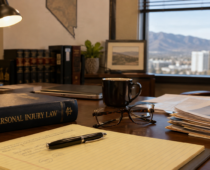 Personal injury law book, legal documents, notes, and a Lady Justice statue arranged on an attorney’s office desk
