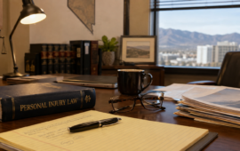 Personal injury law book, legal documents, notes, and a Lady Justice statue arranged on an attorney’s office desk