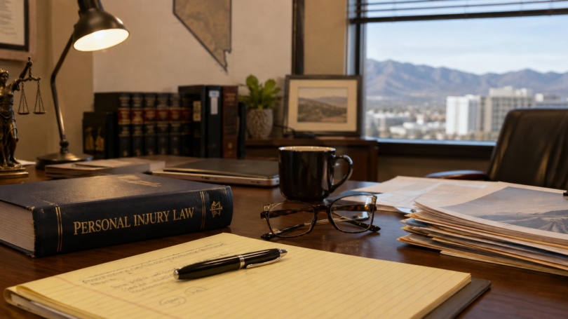 Personal injury law book, legal documents, notes, and a Lady Justice statue arranged on an attorney’s office desk