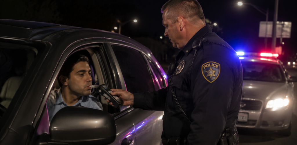 Police officer administers a roadside breath test to a driver through an open car window at night