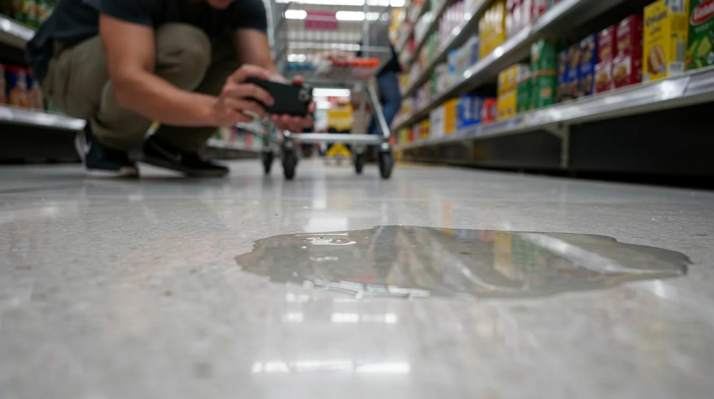 Puddle creates a slipping hazard on a grocery store floor as a person photographs it with a phone