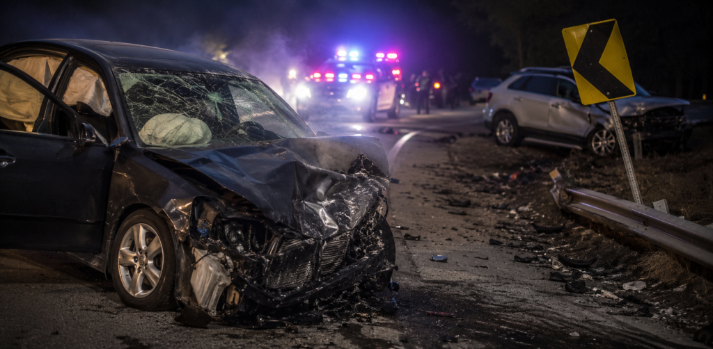 Severely damaged car with deployed airbags sits amid crash debris as emergency vehicles flash their lights at night