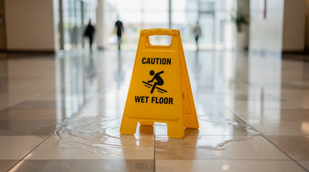 Yellow “Caution Wet Floor” sign stands over a puddle on a tiled indoor floor