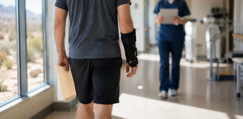 A person wearing a supportive brace on one forearm carries a folder through a medical facility as a healthcare worker approaches