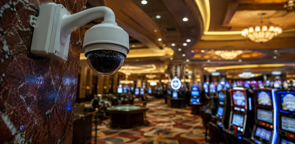 Close-up of a surveillance camera monitoring a brightly lit casino gaming area with rows of slot machines