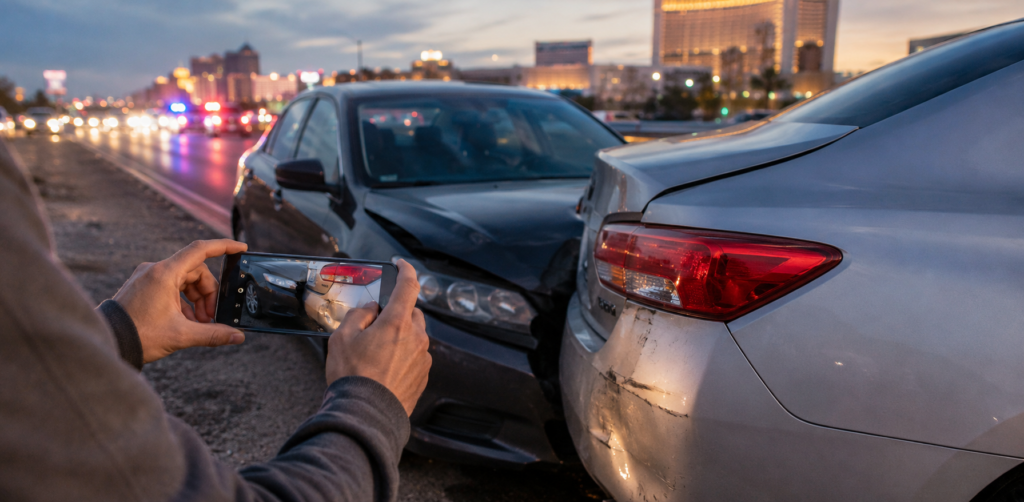 Close-up of two damaged cars after a collision as a person documents scraped and dented bodywork with a phone