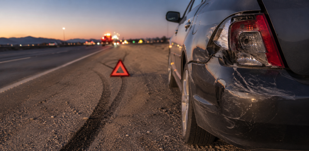 Close view of a car with a crushed rear corner parked on a highway shoulder beside a red warning triangle at sunset