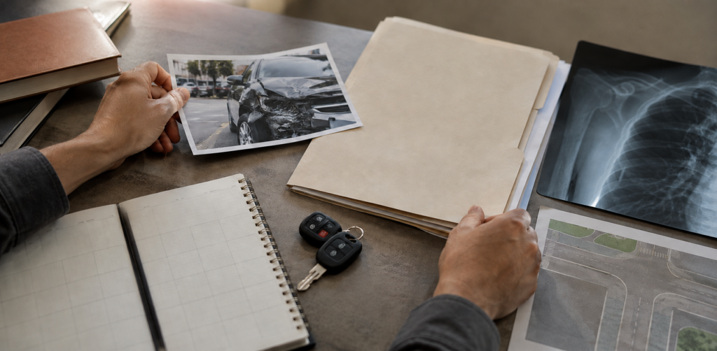 Hands examine evidence related to a car accident, including a crash photograph, medical X-ray, files, vehicle keys, and road image