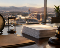 Legal documents rest beside a gavel, clock, and hourglass, symbolizing deadlines and time-sensitive legal proceedings