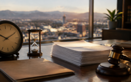 Legal documents rest beside a gavel, clock, and hourglass, symbolizing deadlines and time-sensitive legal proceedings