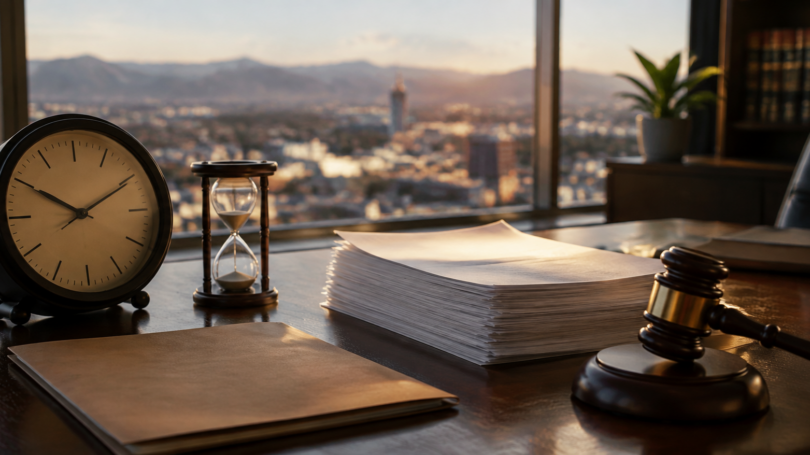 Legal documents rest beside a gavel, clock, and hourglass, symbolizing deadlines and time-sensitive legal proceedings