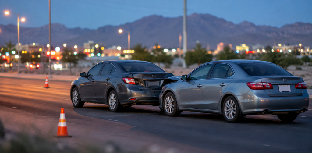Two damaged sedans sit after a rear-end collision on a roadway marked with orange traffic cones, with mountains in the distance
