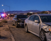 Two damaged sedans sit on a roadside shoulder at dusk while emergency lights flash in the distance against a mountain backdrop