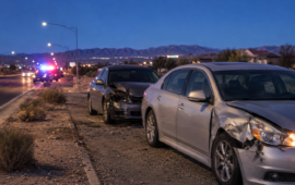 Two damaged sedans sit on a roadside shoulder at dusk while emergency lights flash in the distance against a mountain backdrop