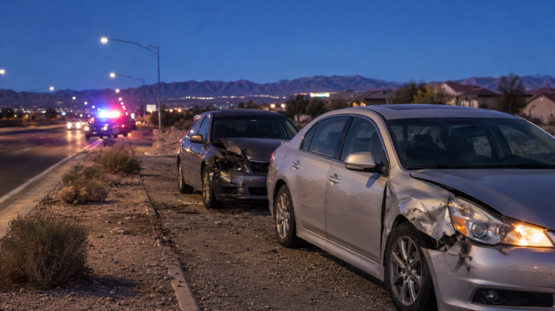 Two damaged sedans sit on a roadside shoulder at dusk while emergency lights flash in the distance against a mountain backdrop