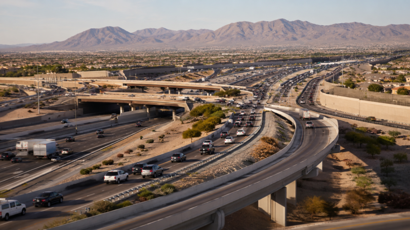 Wide aerial view of intersecting freeways, ramps, and flowing traffic surrounded by desert neighborhoods and mountains