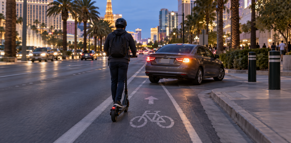 A helmeted person rides an electric scooter in a marked bicycle lane while a gray sedan partially blocks the lane on the Las Vegas Strip at dusk