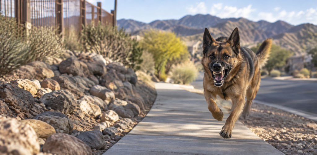 A large German Shepherd with raised ears and exposed teeth runs down a concrete sidewalk beside a quiet desert neighborhood street