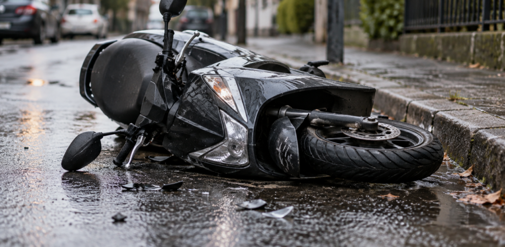 Close-up of a crashed black motor scooter resting on wet asphalt, showing scratched body panels, a fallen mirror, and scattered debris near the curb