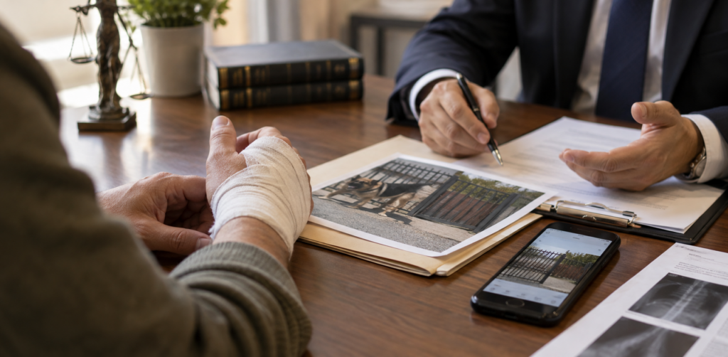 Close-up of an injured client meeting with an attorney in a law office, reviewing evidence and paperwork related to a possible personal injury claim