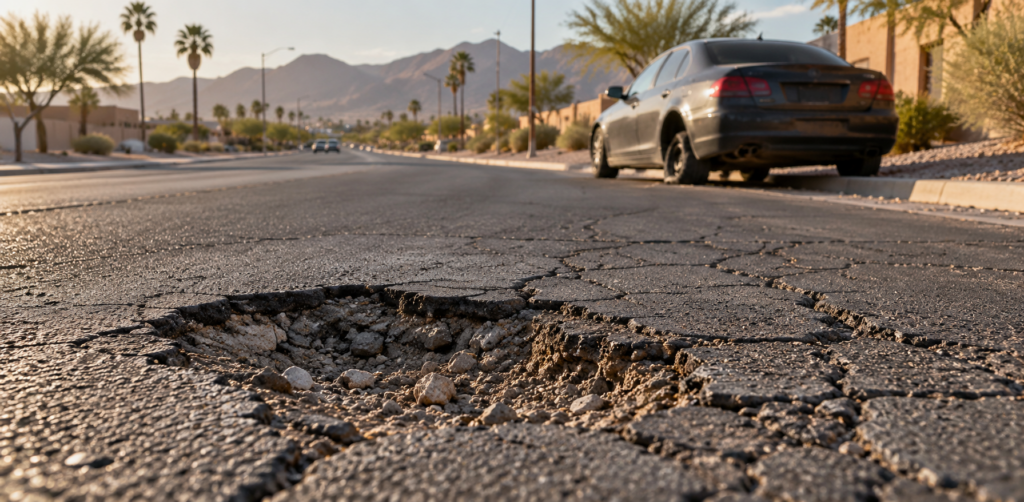 Large pothole and spreading cracks damage an asphalt street, with a parked sedan, palm trees, and mountains in the background