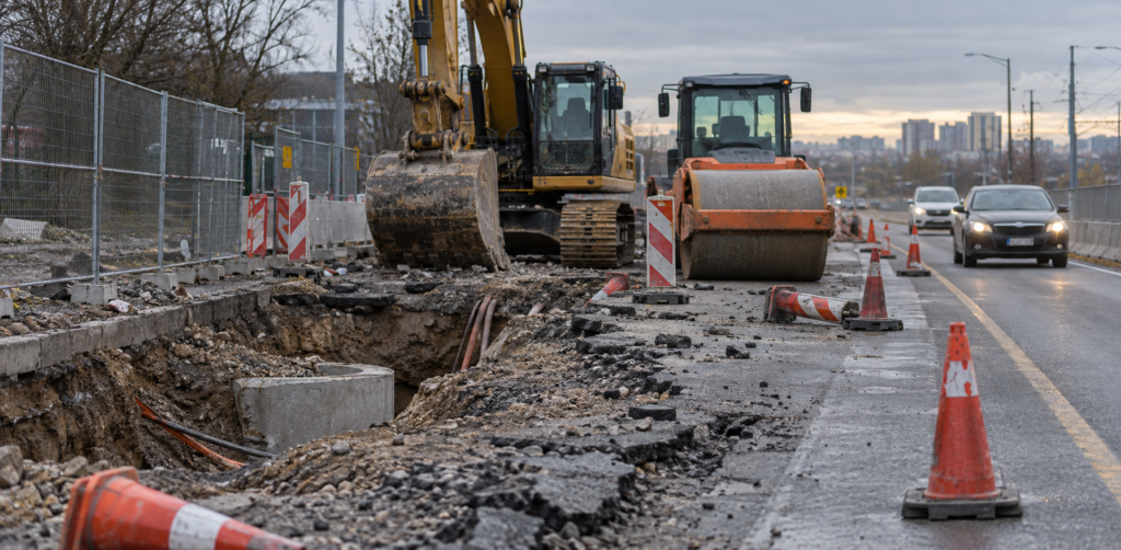 Road construction exposes broken pavement and underground utilities as an excavator and roller stand behind cones and striped barriers